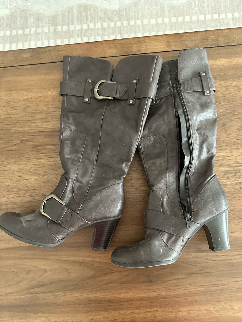 Women’s Brown Mid-Calf Buckle Heeled Boots